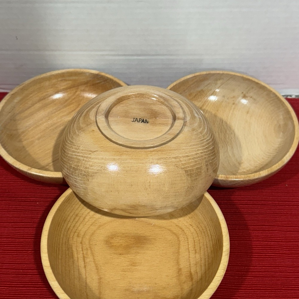 Vintage Wooden Salad - Rice Bowls, Set Of‎ 4 Light Wood, Made In Japan, - Picture 2 of 4